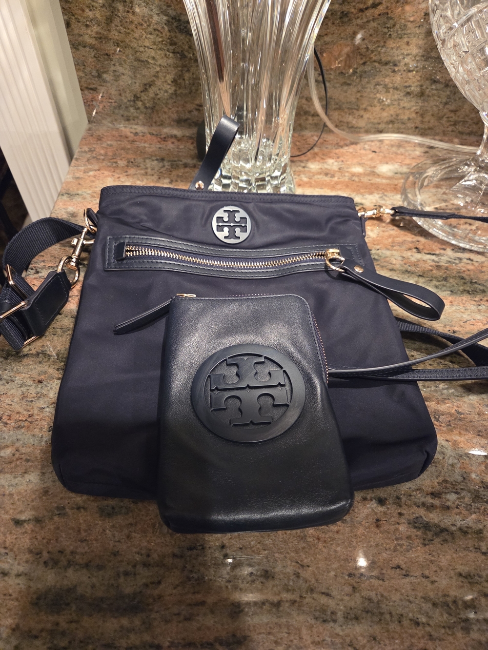 Tory Burch Navy Crossbody Bag with Leather Wristlet